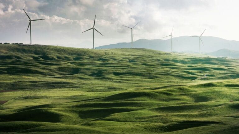 Campo verde con torres de energía eólica