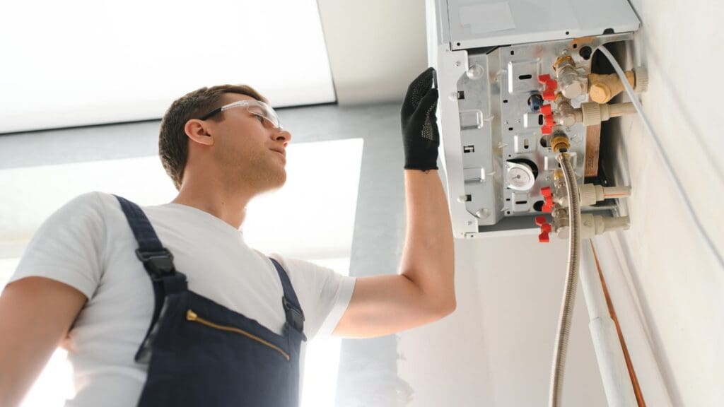 Técnico instalando un sistema de climatización en el hogar para mejorar la eficiencia energética y el confort.