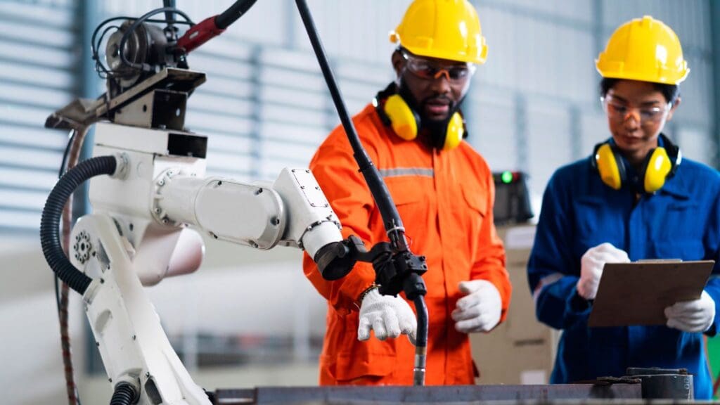 Maquinaria industrial automatizada y tecnología 4.0 mejorando la eficiencia en fábricas y procesos de producción.