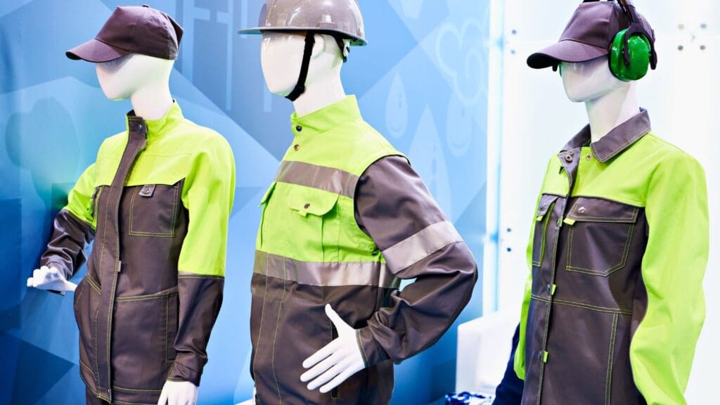 Trabajadores con uniformes de trabajo y equipo de seguridad industrial, mostrando casacas, botas de protección y ropa de trabajo profesional para la seguridad laboral.