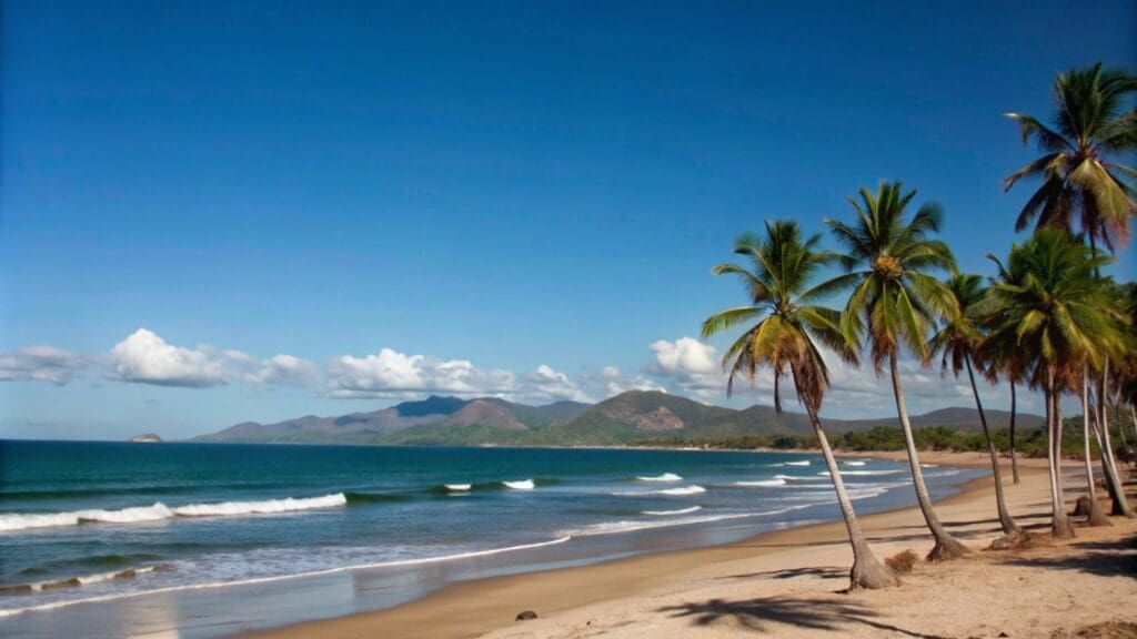 Discover Santa Teresa Beach in Costa Rica with golden sand, turquoise waters, and lush palm trees in a tropical paradise setting.