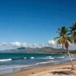 Discover Santa Teresa Beach in Costa Rica with golden sand, turquoise waters, and lush palm trees in a tropical paradise setting.