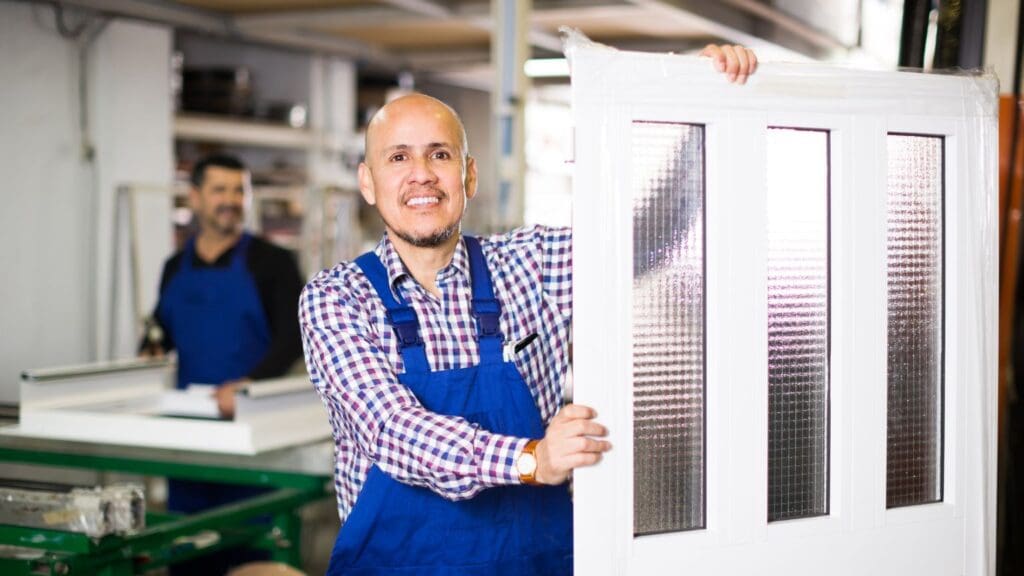 Trabajador sosteniendo una puerta moderna de PVC en un taller de fabricación. Materiales duraderos y eficientes energéticamente para hogares y negocios.