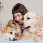 Persona disfrutando momentos con sus perros en un ambiente acogedor.