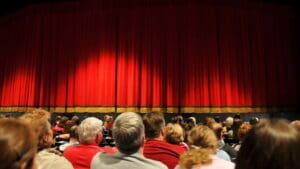 Grupo de personas disfrutando de una función de teatro, con el auditorio iluminado y la atención centrada en el escenario.