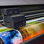 Máquina de impresión digital en pleno funcionamiento, imprimiendo materiales gráficos de alta calidad para negocios y emprendimientos.