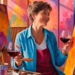 Artista explorando la psicología del color mientras disfruta de una copa de vino, fusionando creatividad y relajación en una experiencia única.