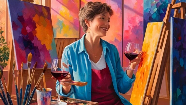 Artista explorando la psicología del color mientras disfruta de una copa de vino, fusionando creatividad y relajación en una experiencia única.