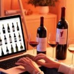 Persona eligiendo vino online desde casa, con copa en mano y portátil, en un ambiente cálido y moderno.