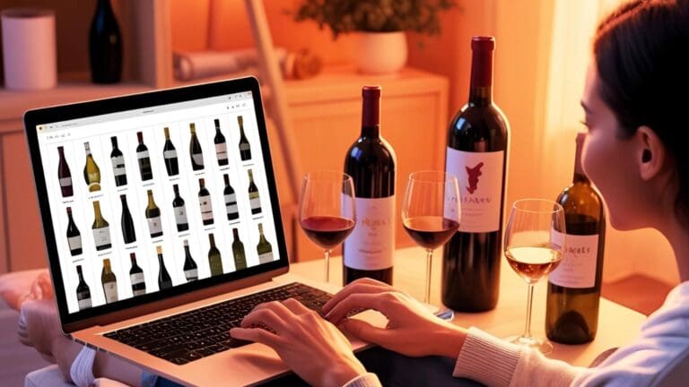 Persona eligiendo vino online desde casa, con copa en mano y portátil, en un ambiente cálido y moderno.