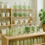 Productos de limpieza ecológicos en envases reutilizables sobre un mostrador de madera iluminado con luz natural.
