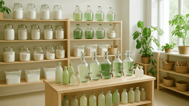 Productos de limpieza ecológicos en envases reutilizables sobre un mostrador de madera iluminado con luz natural.