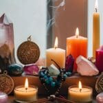 Selección de productos esotéricos como cuarzos, amuletos, velas y sahumerios sobre un altar espiritual para bienestar energético.