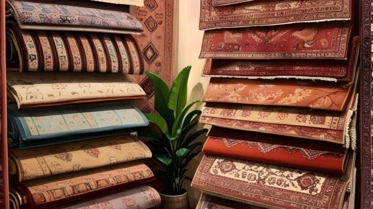 Diferentes tipos de alfombras artesanales, persas y modernas en un salón decorado con estilo bohemio y tonos neutros