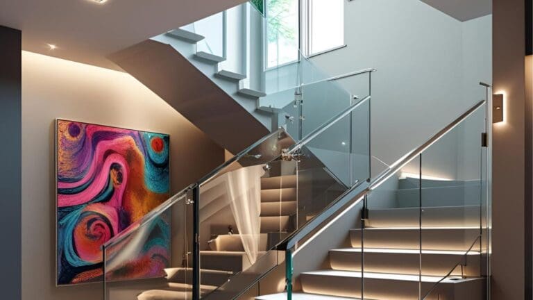 Escalera interior con barandilla de cristal transparente en diseño moderno, que aporta luz natural y seguridad al hogar.