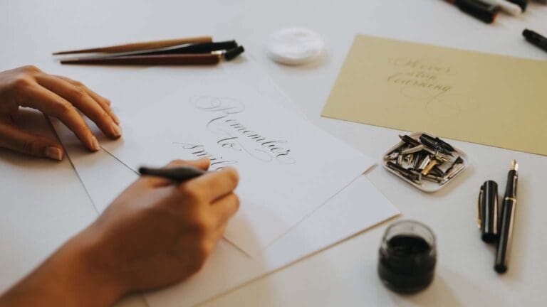 Calígrafo profesional escribiendo a mano con tinta negra sobre papel, representando la elegancia del diseño caligráfico tradicional