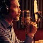 Actor de doblaje profesional grabando voz en estudio insonorizado con micrófono de condensador y auriculares