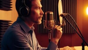 Actor de doblaje profesional grabando voz en estudio insonorizado con micrófono de condensador y auriculares