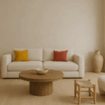 Interior de lujo minimalista con espacios abiertos, tonos neutros, luz natural suave y zonas vacías que transmiten equilibrio, calma y elegancia visual.