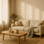 Interior de lujo minimalista con espacios abiertos, tonos neutros, luz natural suave y zonas vacías que transmiten equilibrio, calma y elegancia visual.