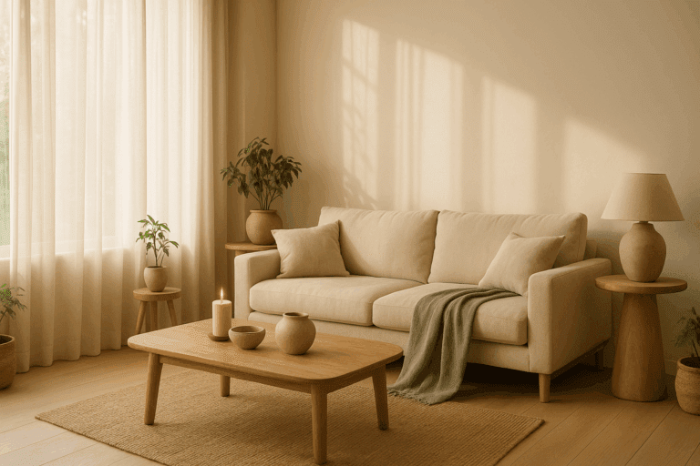 Interior de lujo minimalista con espacios abiertos, tonos neutros, luz natural suave y zonas vacías que transmiten equilibrio, calma y elegancia visual.