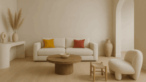 Interior de lujo minimalista con espacios abiertos, tonos neutros, luz natural suave y zonas vacías que transmiten equilibrio, calma y elegancia visual.
