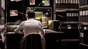 Detective privado en Sevilla revisando documentos de caso por infidelidad.