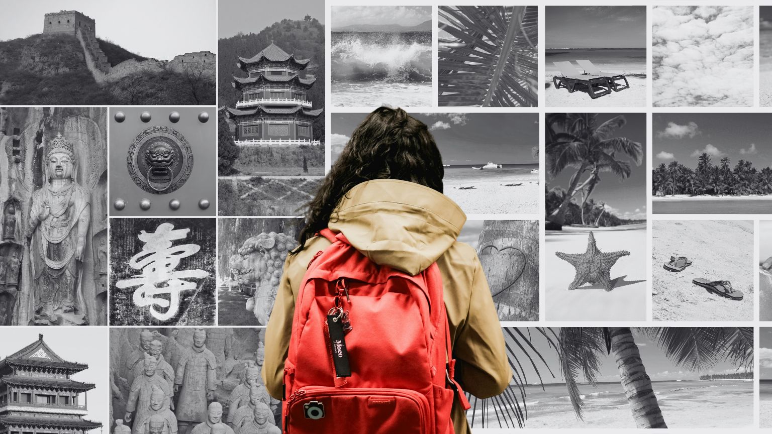 Collage de destinos turísticos populares en Asia y América con viajeros disfrutando de templos, playas y ciudades emblemáticas