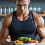 Deportista organizando su plan de comidas con alimentos saludables, frutas y suplementos deportivos sobre una mesa.