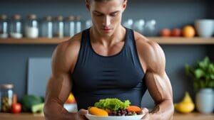 Deportista organizando su plan de comidas con alimentos saludables, frutas y suplementos deportivos sobre una mesa.
