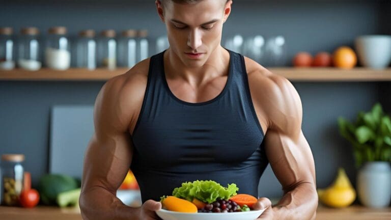 Deportista organizando su plan de comidas con alimentos saludables, frutas y suplementos deportivos sobre una mesa.