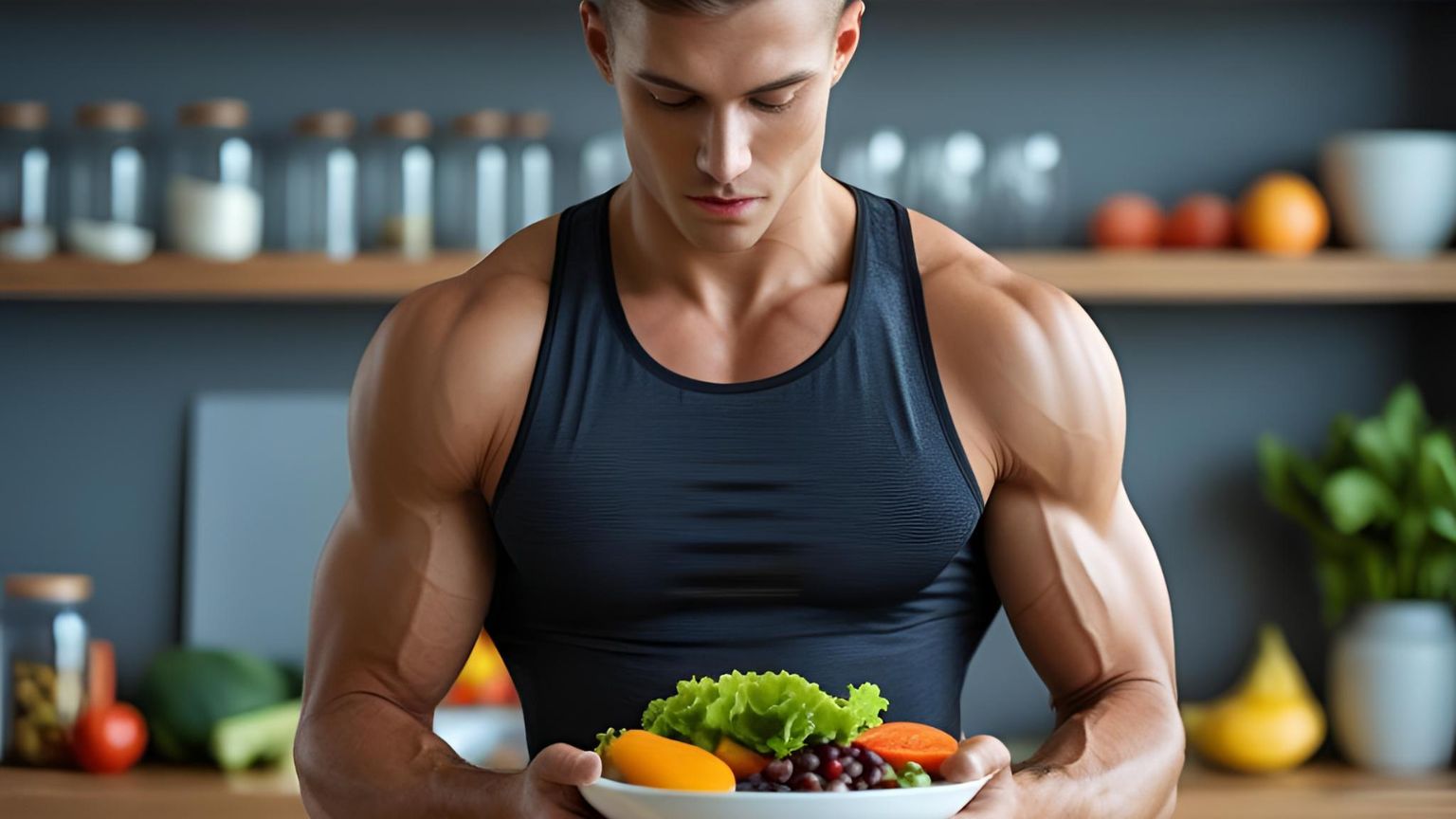 Deportista organizando su plan de comidas con alimentos saludables, frutas y suplementos deportivos sobre una mesa.