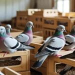 Palomos descansando en cajones de madera personalizados dentro de un palomar ventilado y limpio.
