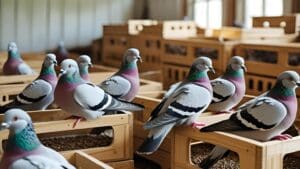 Palomos descansando en cajones de madera personalizados dentro de un palomar ventilado y limpio.