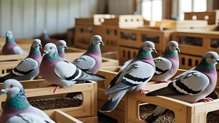 Palomos descansando en cajones de madera personalizados dentro de un palomar ventilado y limpio.