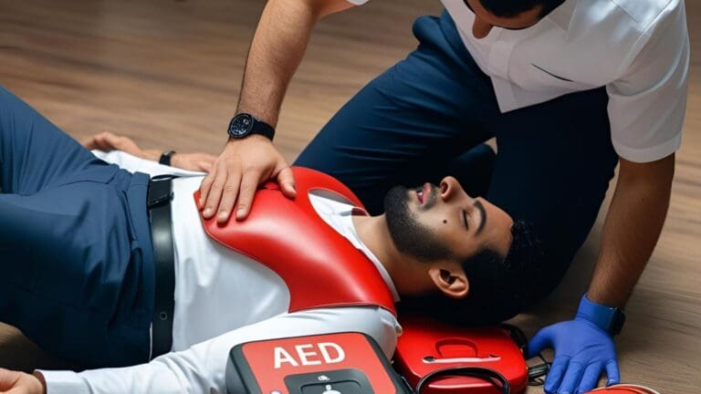 Persona utilizando desfibrilador automático DEA en una emergencia de paro cardíaco.