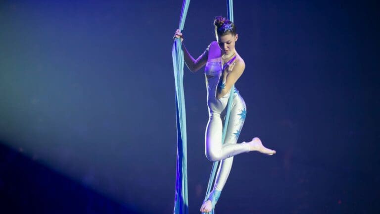 Artista de circo contemporáneo realizando una acrobacia aérea en un espectáculo escénico