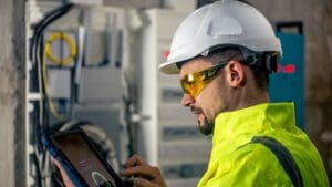 Técnico hace prueba de velocidad de internet después de una instalación de servicio de telecomunicaciones.
