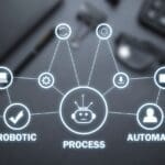 Ilustración de automatización de procesos web con íconos conectados representando herramientas digitales que mejoran la eficiencia en un sitio online