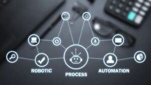 Ilustración de automatización de procesos web con íconos conectados representando herramientas digitales que mejoran la eficiencia en un sitio online