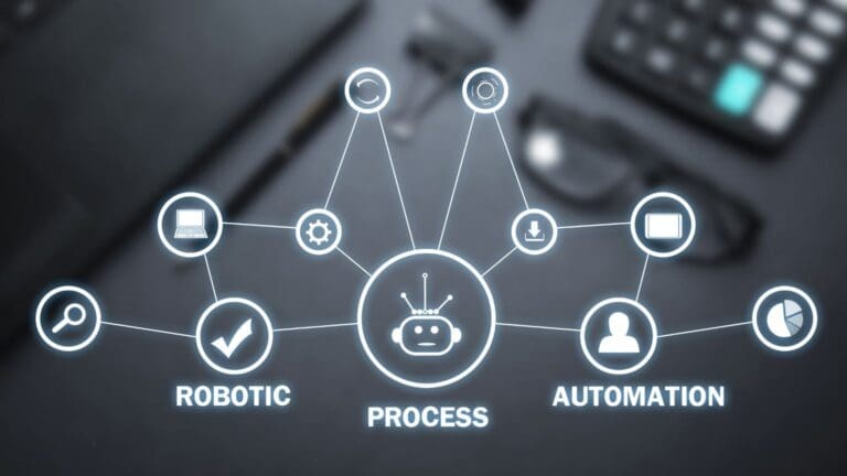 Ilustración de automatización de procesos web con íconos conectados representando herramientas digitales que mejoran la eficiencia en un sitio online