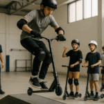Scooter freestyle en escuela de patinaje para jóvenes decididos