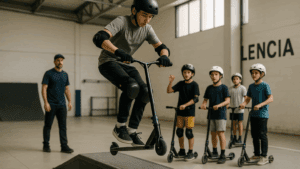 Scooter freestyle en escuela de patinaje para jóvenes decididos