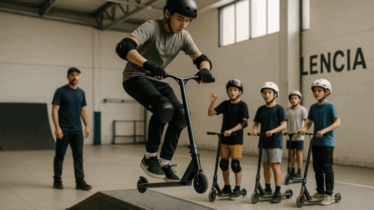 Scooter freestyle en escuela de patinaje para jóvenes decididos