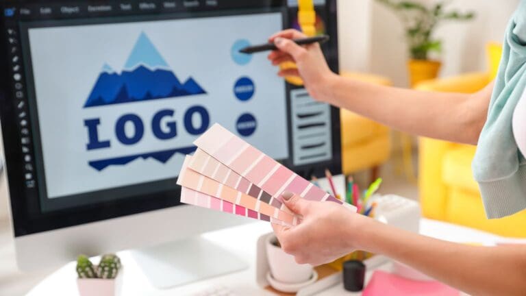 Diseñador gráfico freelance en estudio moderno trabajando en un proyecto creativo con ordenador portátil
