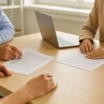 Abogado extranjería asesorando a extranjero sobre residencia no lucrativa en España con documentos y ordenador portátil