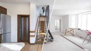 Comparativa de antes y después de una reforma integral en vivienda de Valencia, mostrando el proceso de renovación de espacios para mayor funcionalidad y valor inmobiliario
