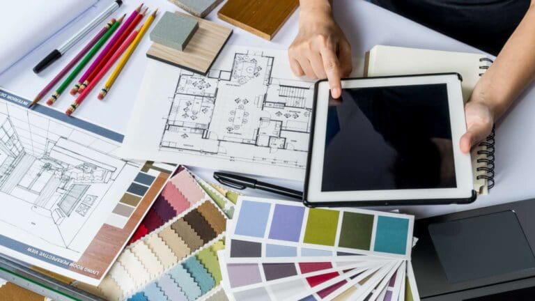 Planificación creativa de reformas integrales con moodboards, planos y tecnología sobre la mesa.