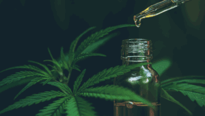 Botella de aceites con cbd y gotas de cannabis natural