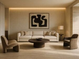 Ejemplo de arquitectura de interiores en un salón moderno con diseño elegante, líneas limpias y luz natural que destaca materiales nobles y detalles de alta gama.
